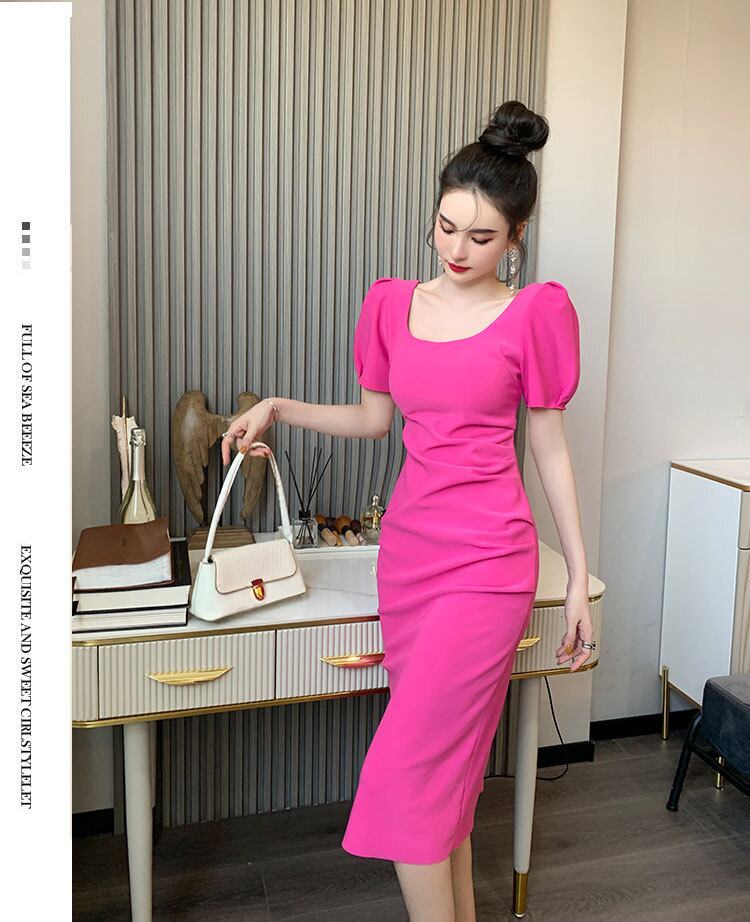 【dress】一目惚れ！韓国風INS風OL通勤スクエアネック半袖パフ袖スリット無地タイトワンピースF2364