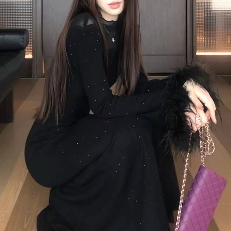 【dress】袖ファーチュールドッキングニットワンピース Q7559