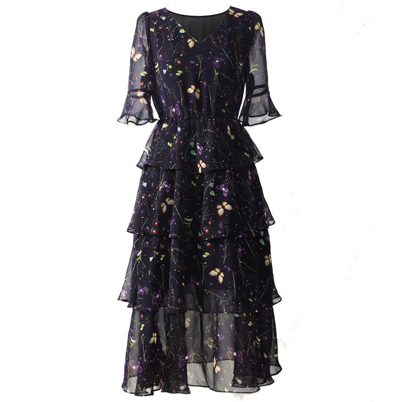 【dress】一目惚れ！Vネックフレアスリーブギャザー花柄ワンピースF0297