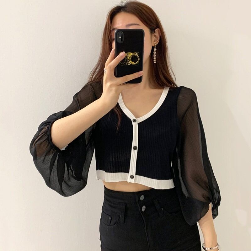 【tops】Vネック ランタンスリーブ切り替えトップスニット G15684