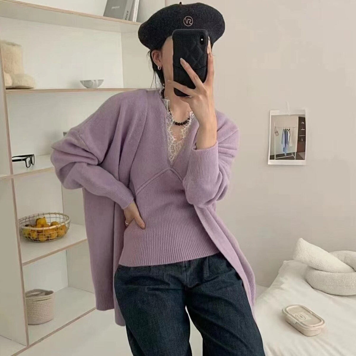 【tops】レース切り替えノースリトップス×カーディガンセット　N2155