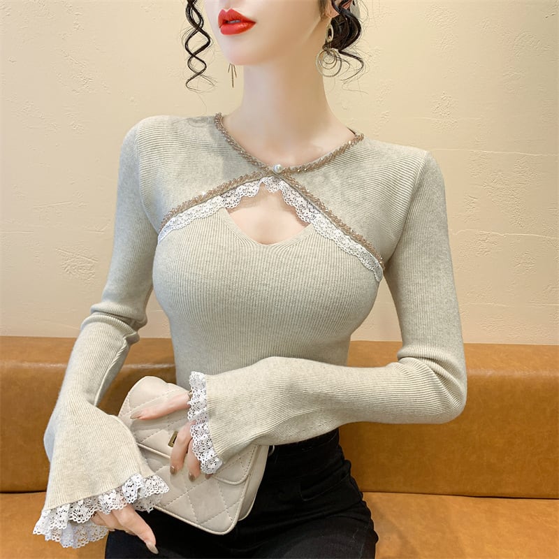 【tops】ビジューレース切り替えニットトップス　M27966