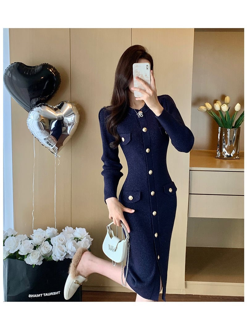 【dress】ボタンデザインニットワンピース　M28382