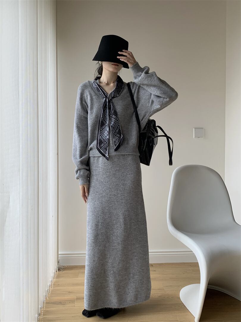 【set】スカーフ付きニットトップス×ロングスカートセット　N3452