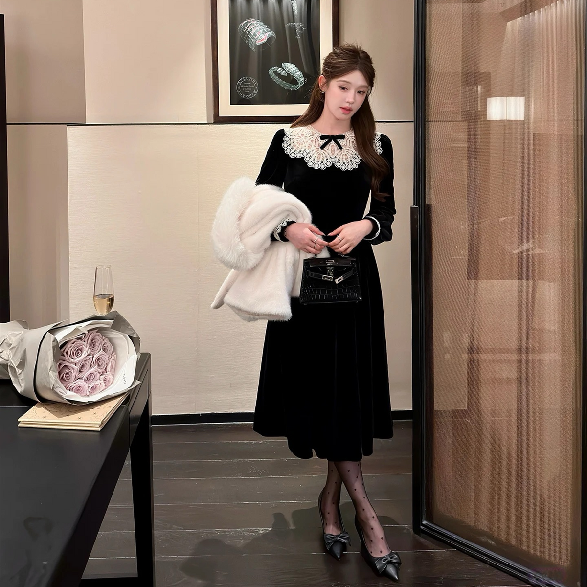 【dress】レースドッキングベロアワンピース　N3415