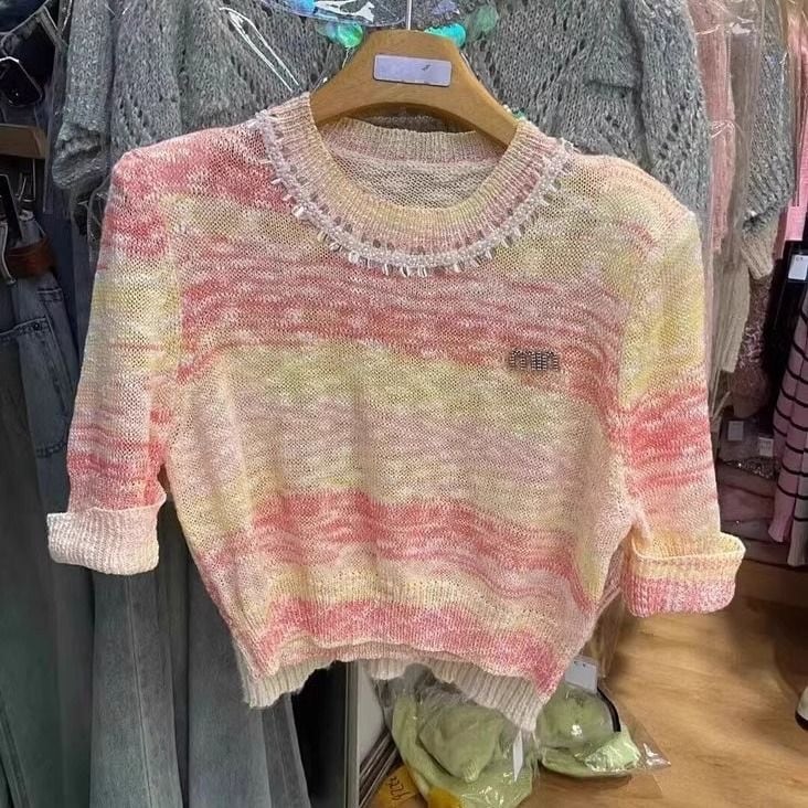 【tops】ラウンドネックニットTシャツF7149