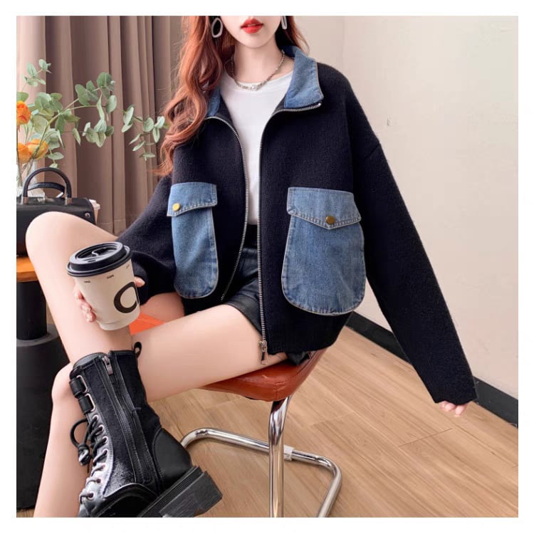 【outer】デニム切り替えニットカーデ　M25745
