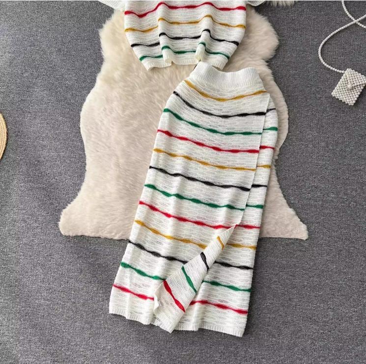 【set】ボーダー柄Ｔシャツ+スカート2点セットF7522