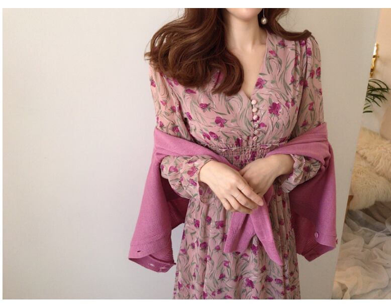 【dress】優しい雰囲気!エレガント気質満点スウィート 韓国系シフォン花柄ワンピース G1785