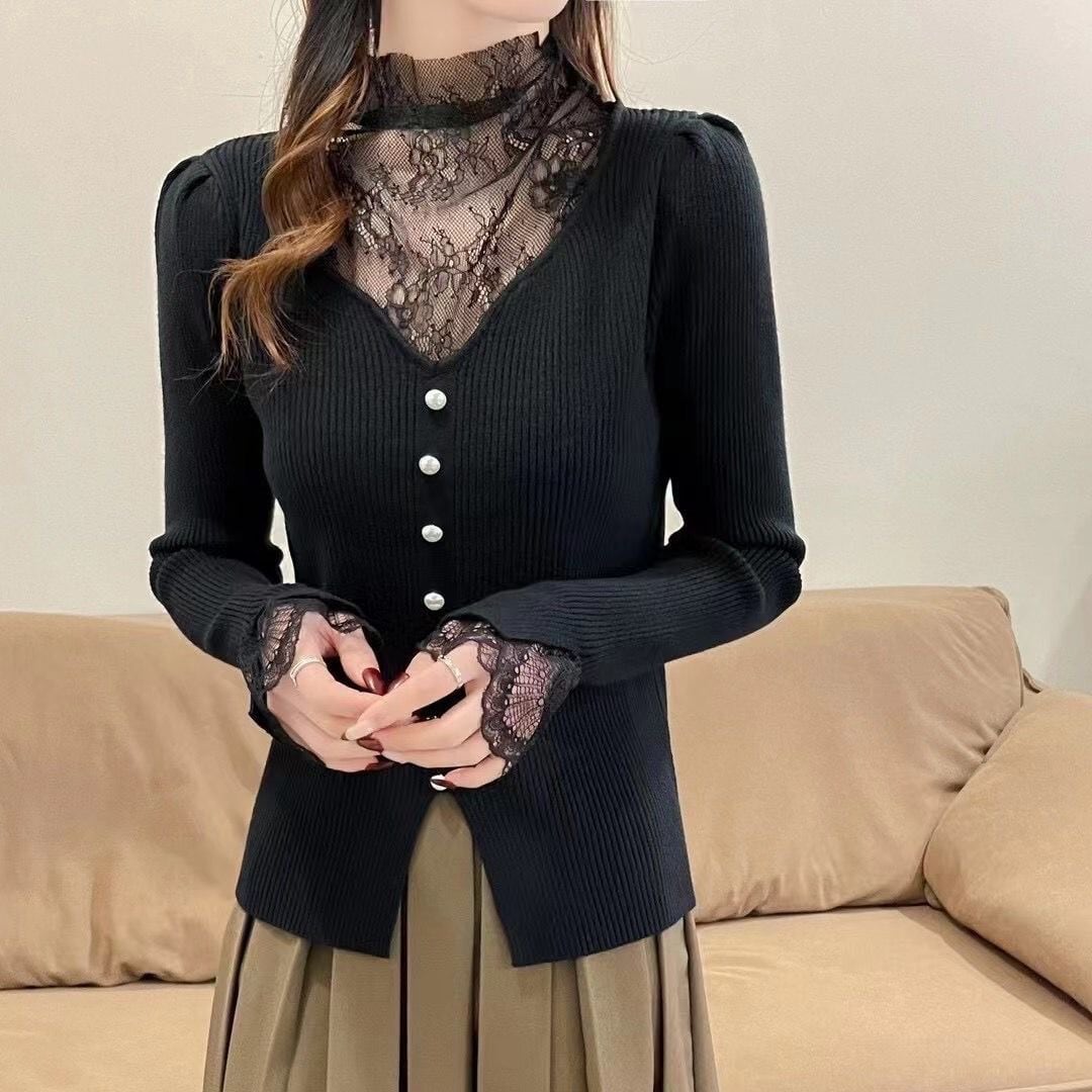 【tops】レースドッキングニットトップス　M28047