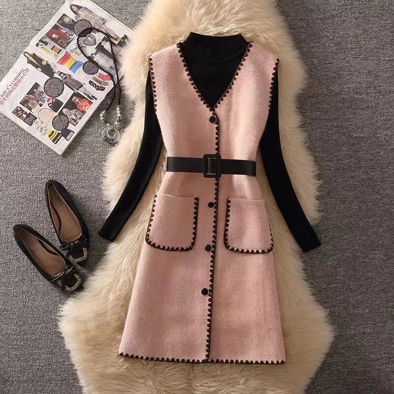 【set】今季大好評秋冬新作着回し無地セーター+美シルエットワンピース通勤日常2点セットF1296