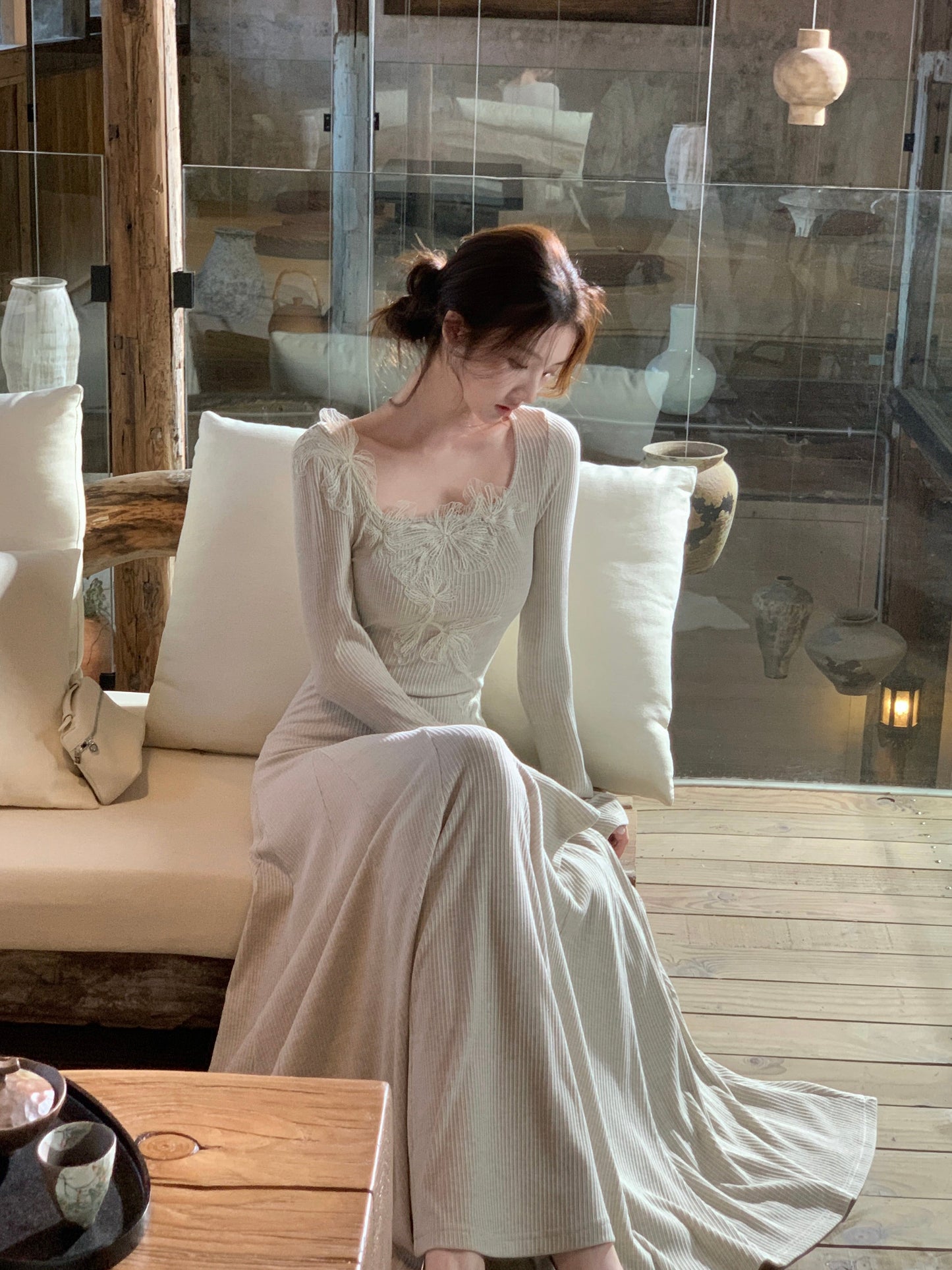 【dress】レーストリミングニットワンピース　N3465
