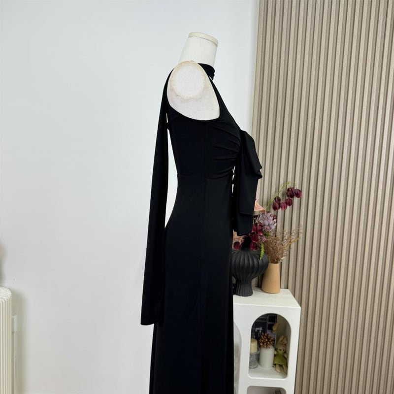 【dress】スカーフ付きノースリーブリボンロングワンピース Q7817