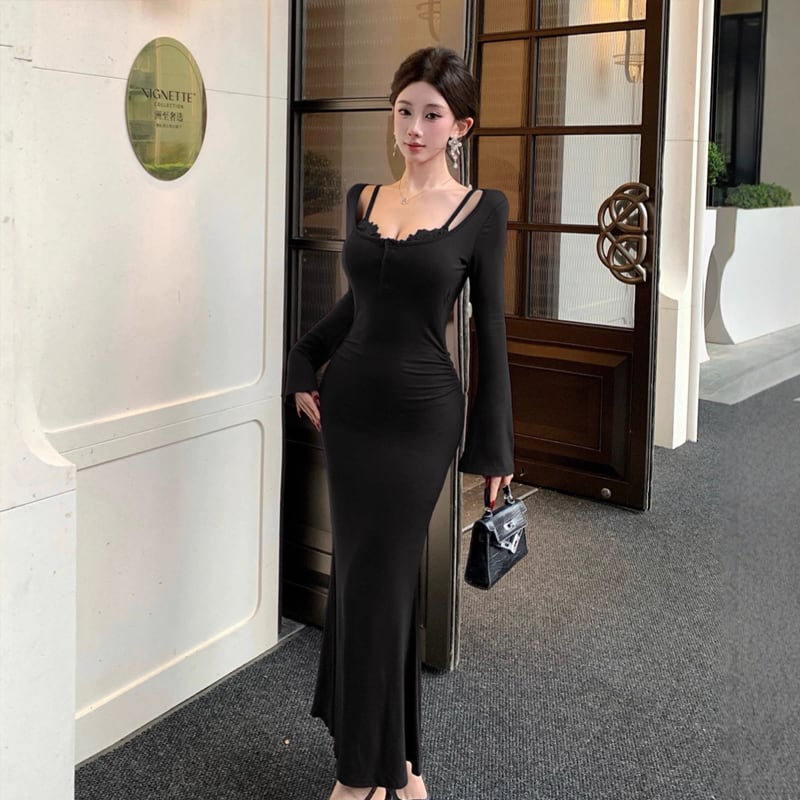 【dress】レースフェイクレイヤードワンピース Q7514