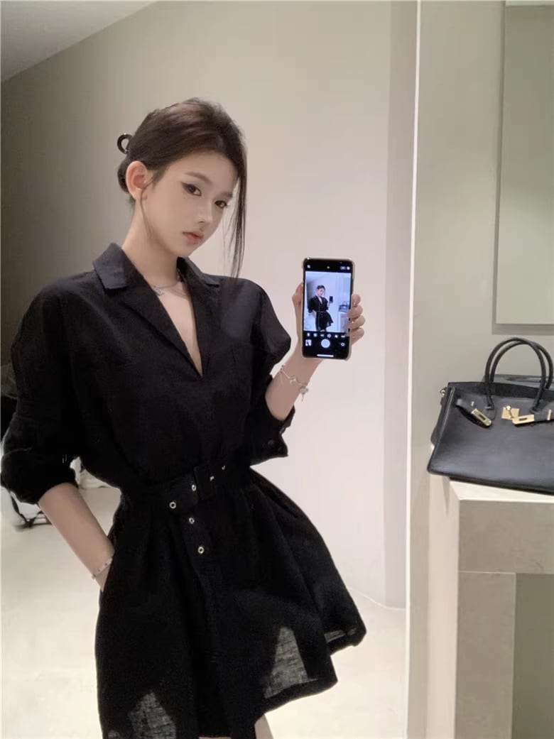 【dress】ベルト付きミニシャツワンピース Q8383