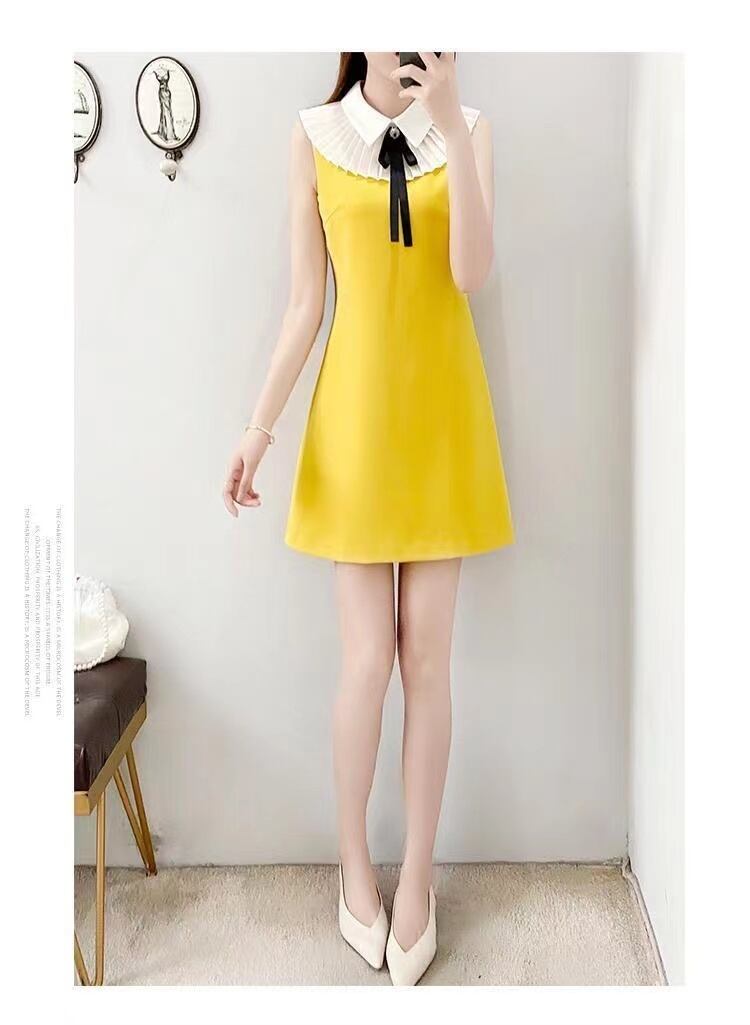 【dress】大人可愛い韓国風INS風POLOネックノースリーブ配色蝶々結びOL通勤タイトンワンピースF2425