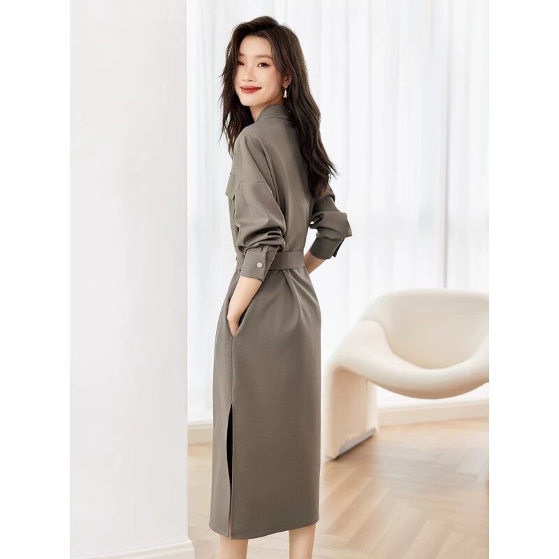 【dress】Vネックシャツワンピースベルト付き　M17872