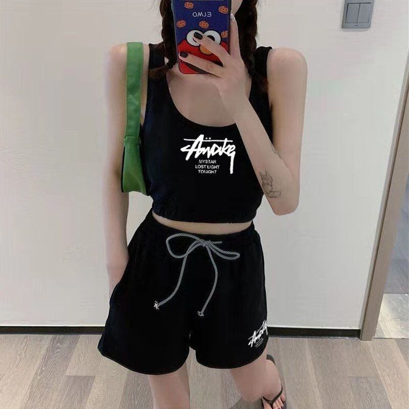 【set】英字柄配色タンクトップ+ショートパンツ2点セットF7337