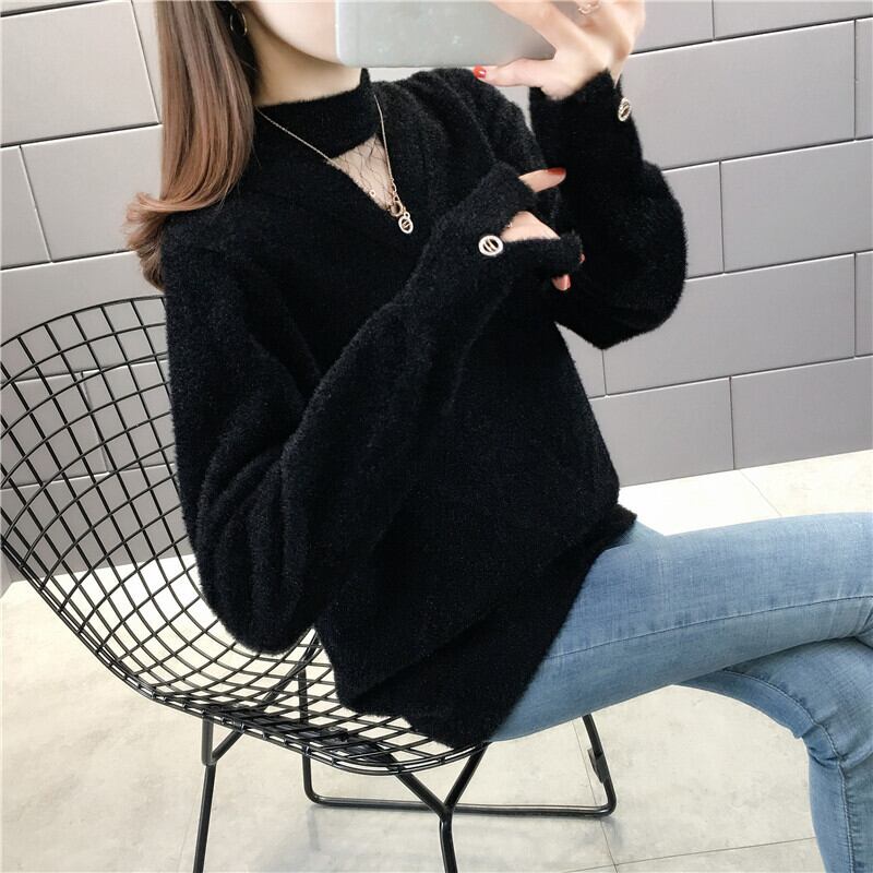 【tops】選べる5色！ハーフネック長袖メッシュ切り替え無地お洒落韓国風ニットセーターF0861