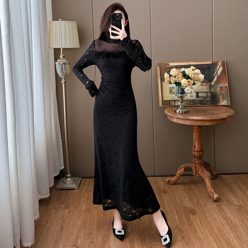 【dress】ファー付きレースワンピース Q7498