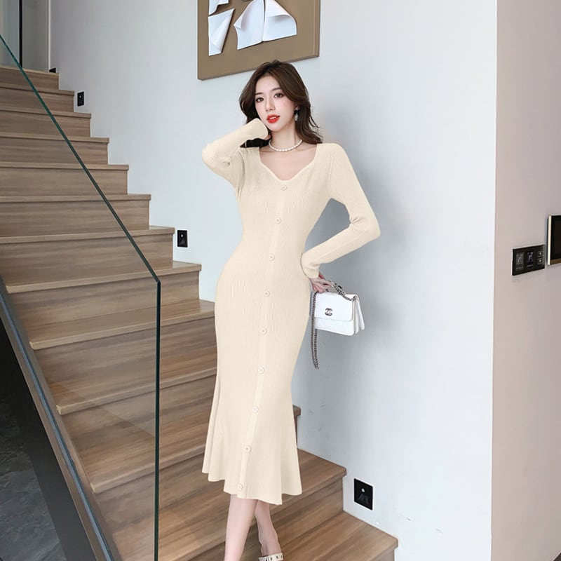 【dress】Vネックニットワンピース Q7665