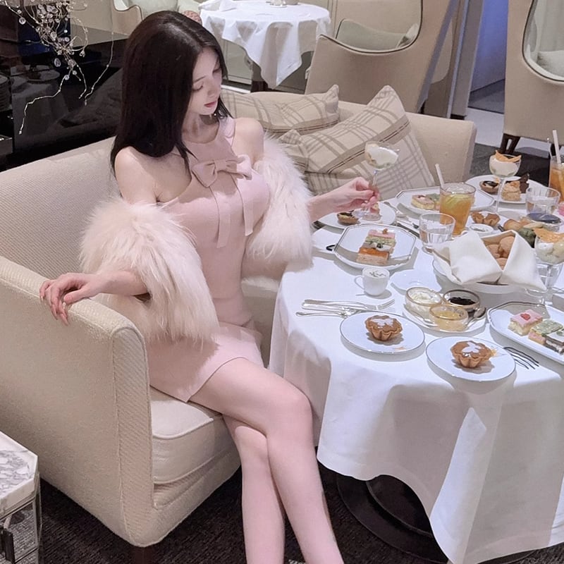 【dress】リボン付きホルターネックニットワンピース Q7374
