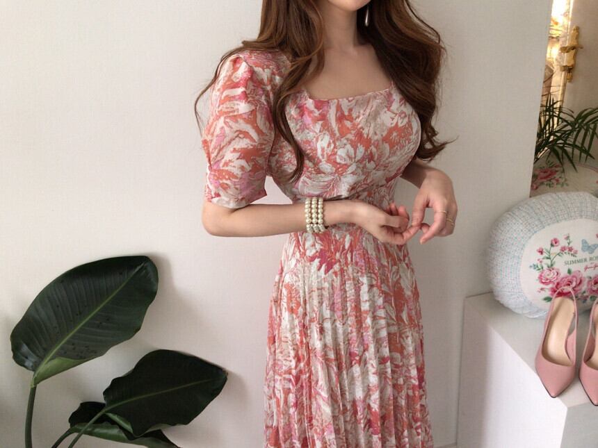 【dress】エレガント!気質満点レトロ韓流スタイルスクエアネックワンピース G6762