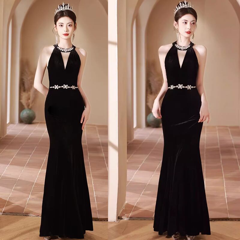 【dress】ラインストーン付きノースリーブマーメイドワンピース Q7993