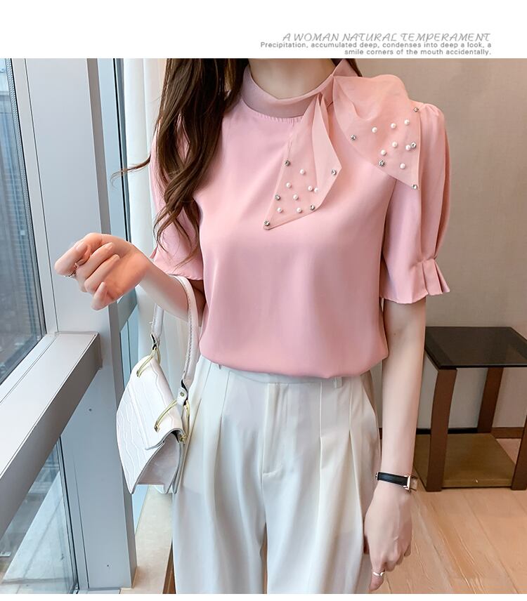 【tops】美人度アップ!スウィートリボンルーズシフォンパフスリーブフランス風シャツ G6683