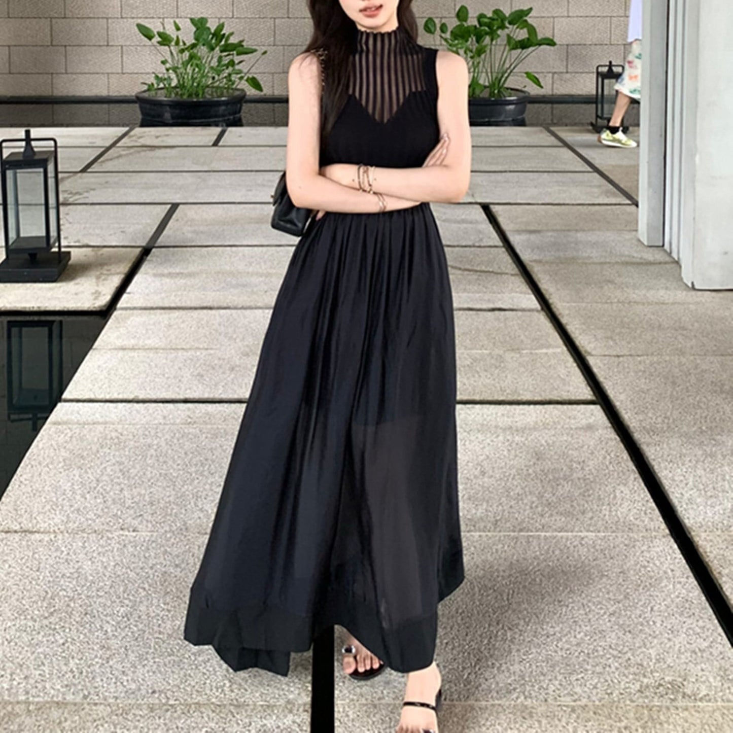 【set】シアー感ノースリーブトップス×ロングスカートセット     N2617