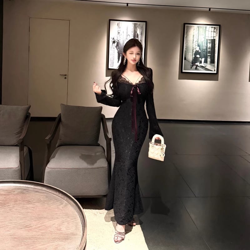 【dress】リボン付きレースタイトワンピース Q7602