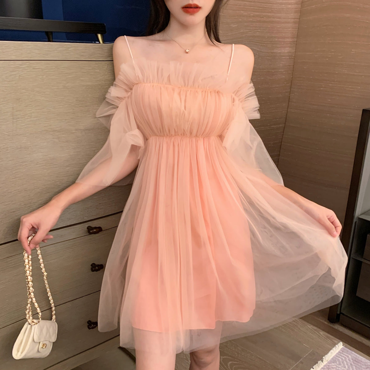 【dress】ギャザーオフショルチュールワンピース　N2666