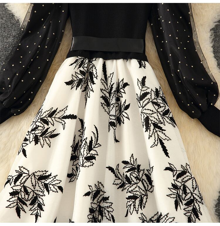 【dress】上品な質感!気質満点レトロシンプルフランス風秋冬偽二つ切り替えワンピース G3178