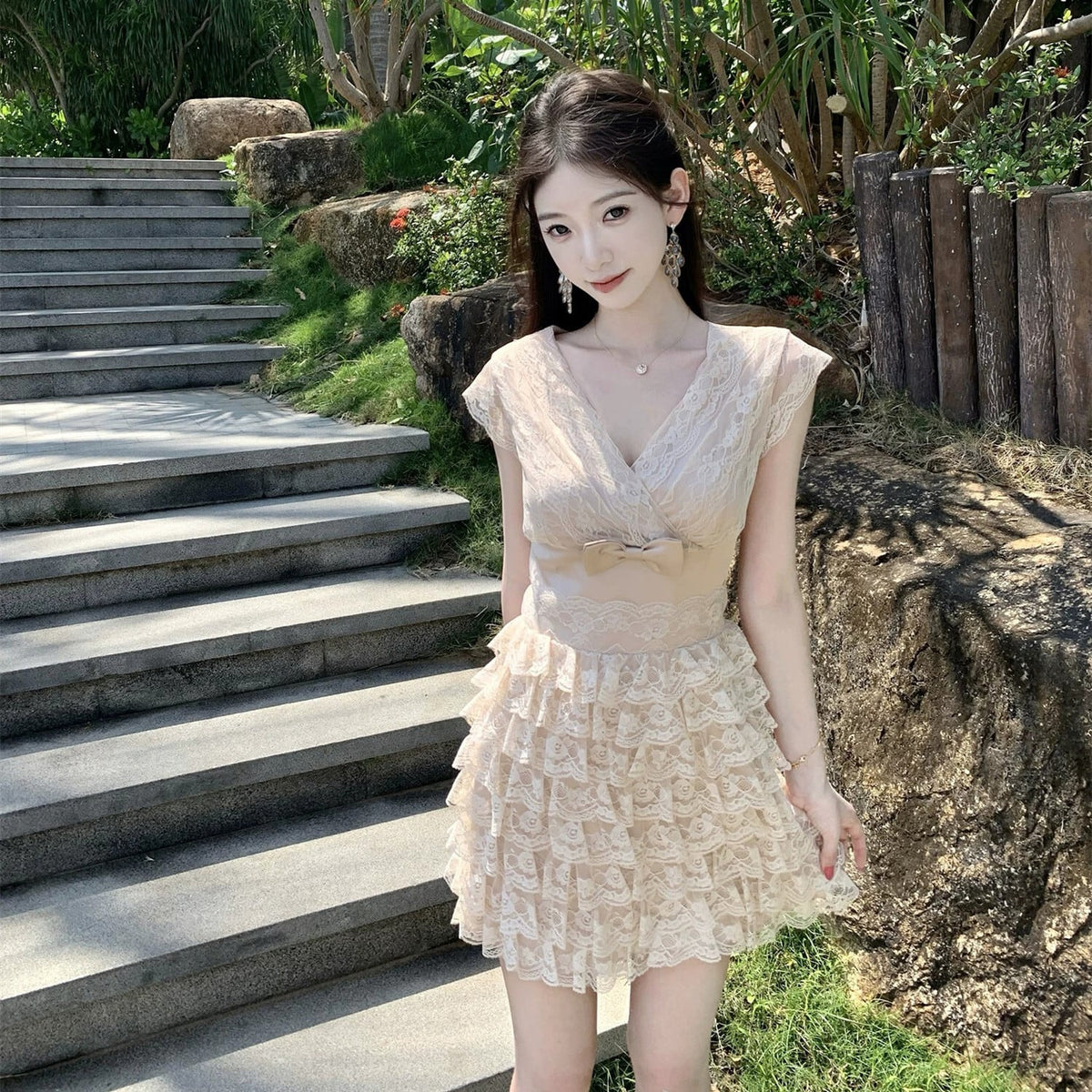 【dress】リボン付きティアードミニワンピース　N3556