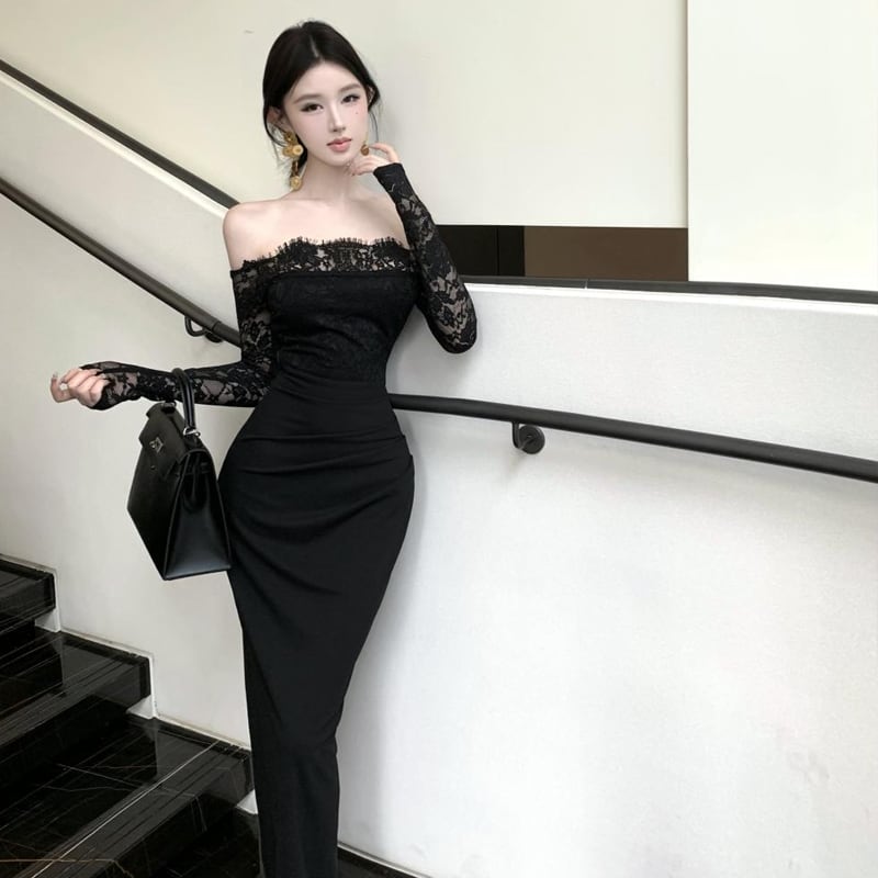 【dress】オフショルダーレースドッキングワンピース Q7421