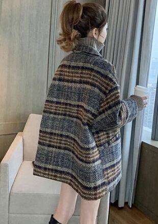 【outer】気質溢れる♪大きいラペル長袖チェック柄ゆったり着回し厚手コートF0844