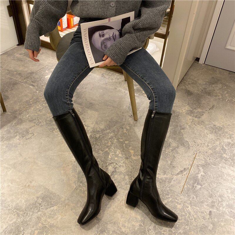 【shoes】店長推薦3色秋冬定番ロングブーツ美脚OL通勤宴会レトロスクエアトゥ履きやすいレディースチャンキーヒールブーツF1216