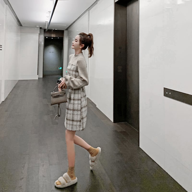 【dress】店長推薦韓国ファッション長袖ラウンドネック切り替えチェック柄ワンピースF0784