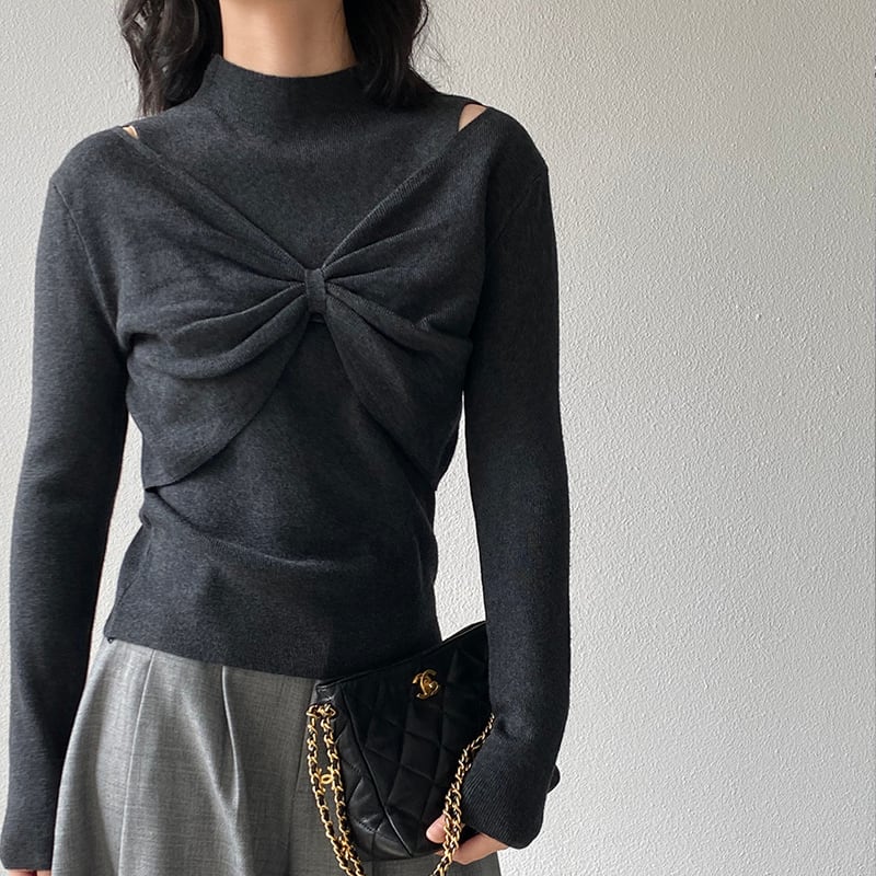 【tops】リボンフェイクレイヤードニットトップス Q7240