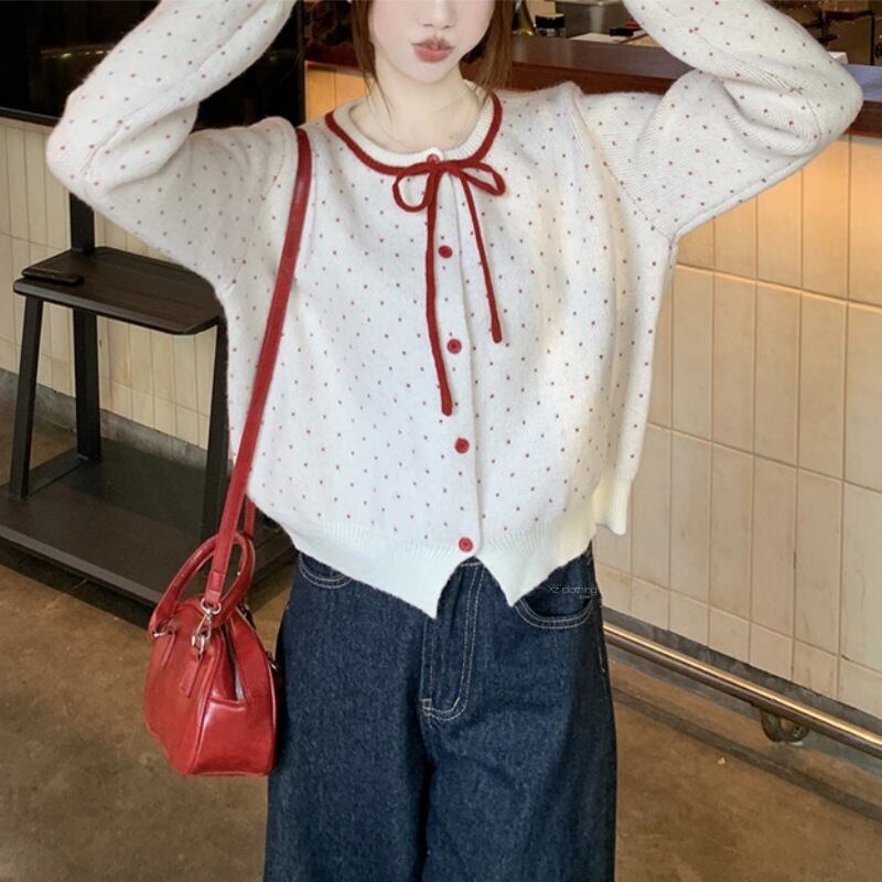 【outer】リボン付きニットカーデ　M28697