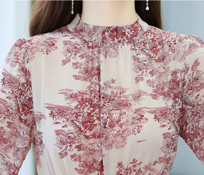 【dress】今季トレンド7分袖ウェスト絞りギャザー海旅行花柄配色大振り子シフォンロング丈ワンピースF1732