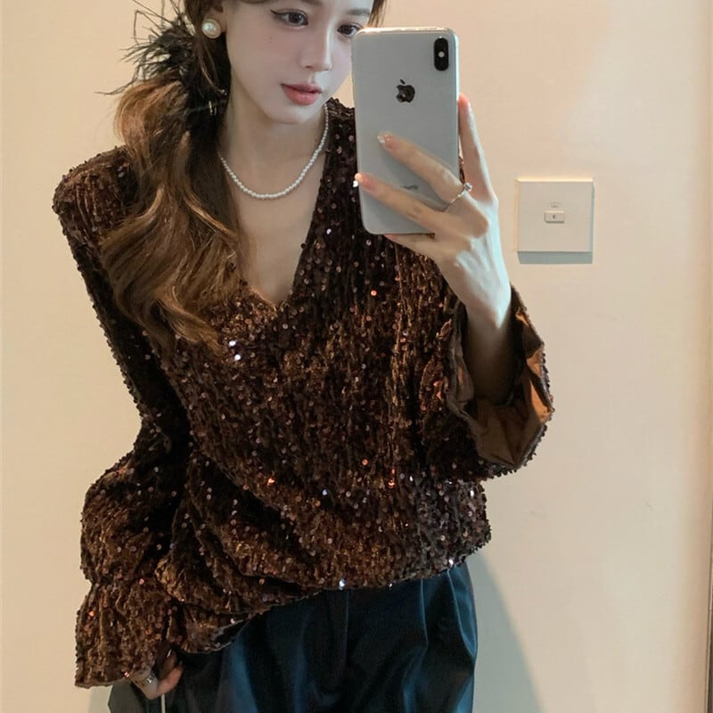 【tops】スパンコールVネックトップス　M28576