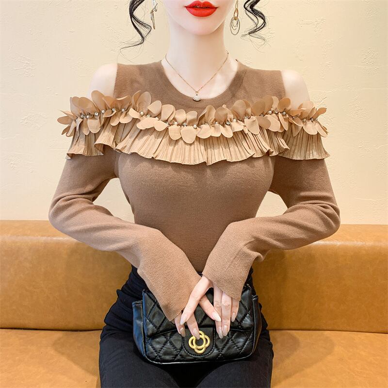 【tops】フリルオフショルダーニットトップス　M27519