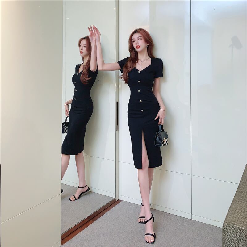 【dress】ファッション気質満点セクシーVネック体型カバー着痩せスリットワンピース G14056