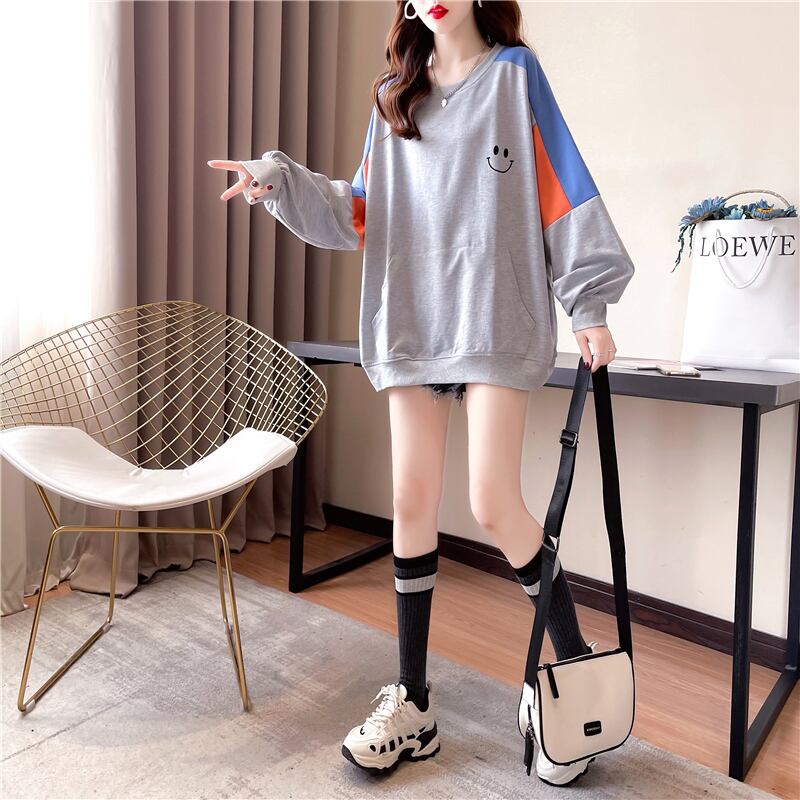 【tops】オシャレ度満点〜ラウンドネック長袖配色英字柄ゆったり着回しパーカーF0677