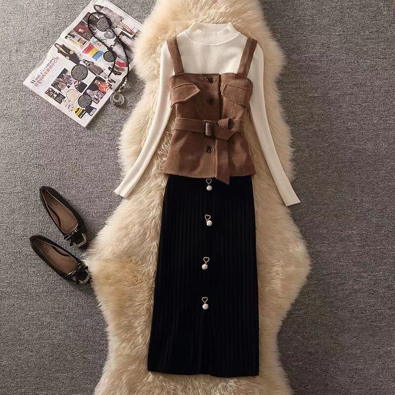 【set】3点セットウェスト絞りベスト+無地セーター+体型カバースカート通勤日常秋冬新作セットアップF1292