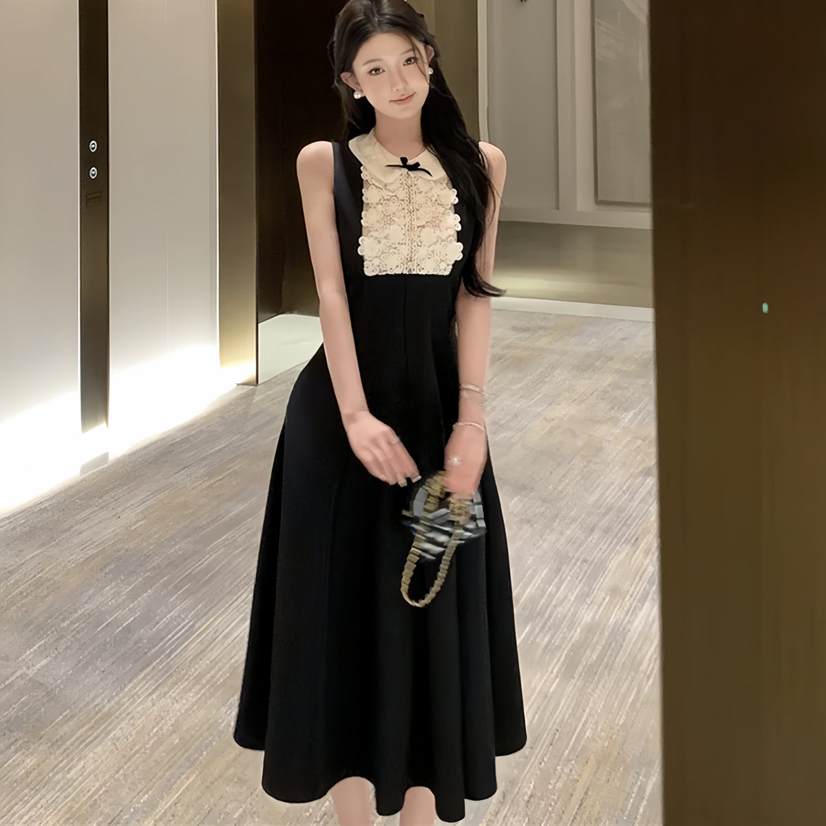 【dress】ノースリーブレースドッキングワンピース　M31116