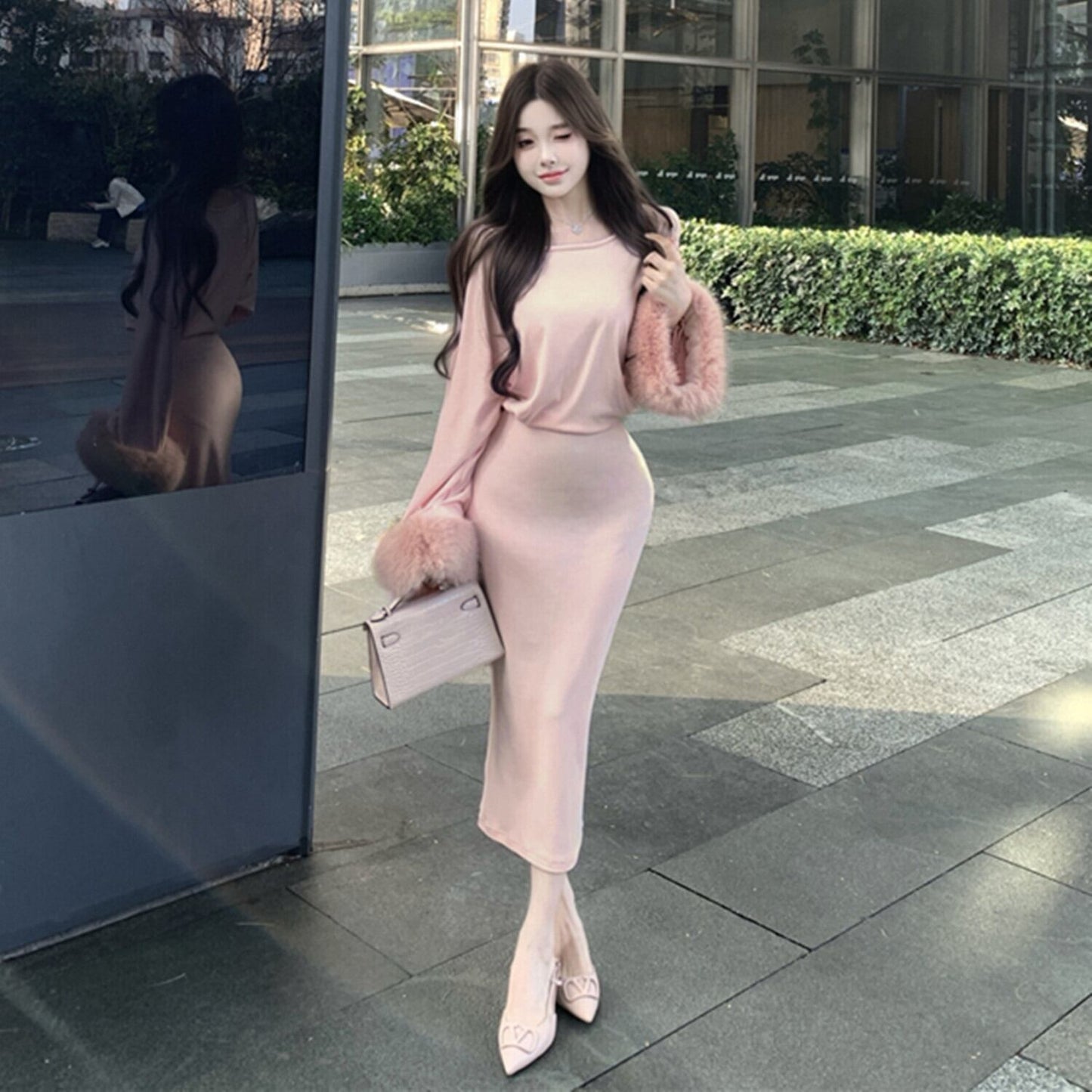 【dress】袖ファーニットワンピース　N2950