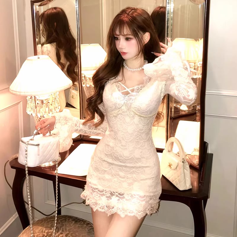 【dress】Vネックレースワンピース Q7734