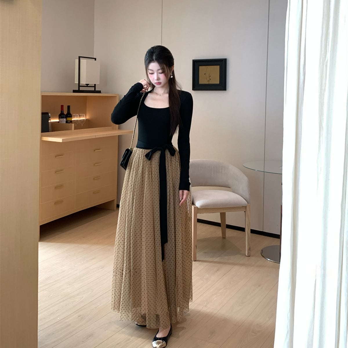 【dress】チュールドッキングロングワンピース　N3439